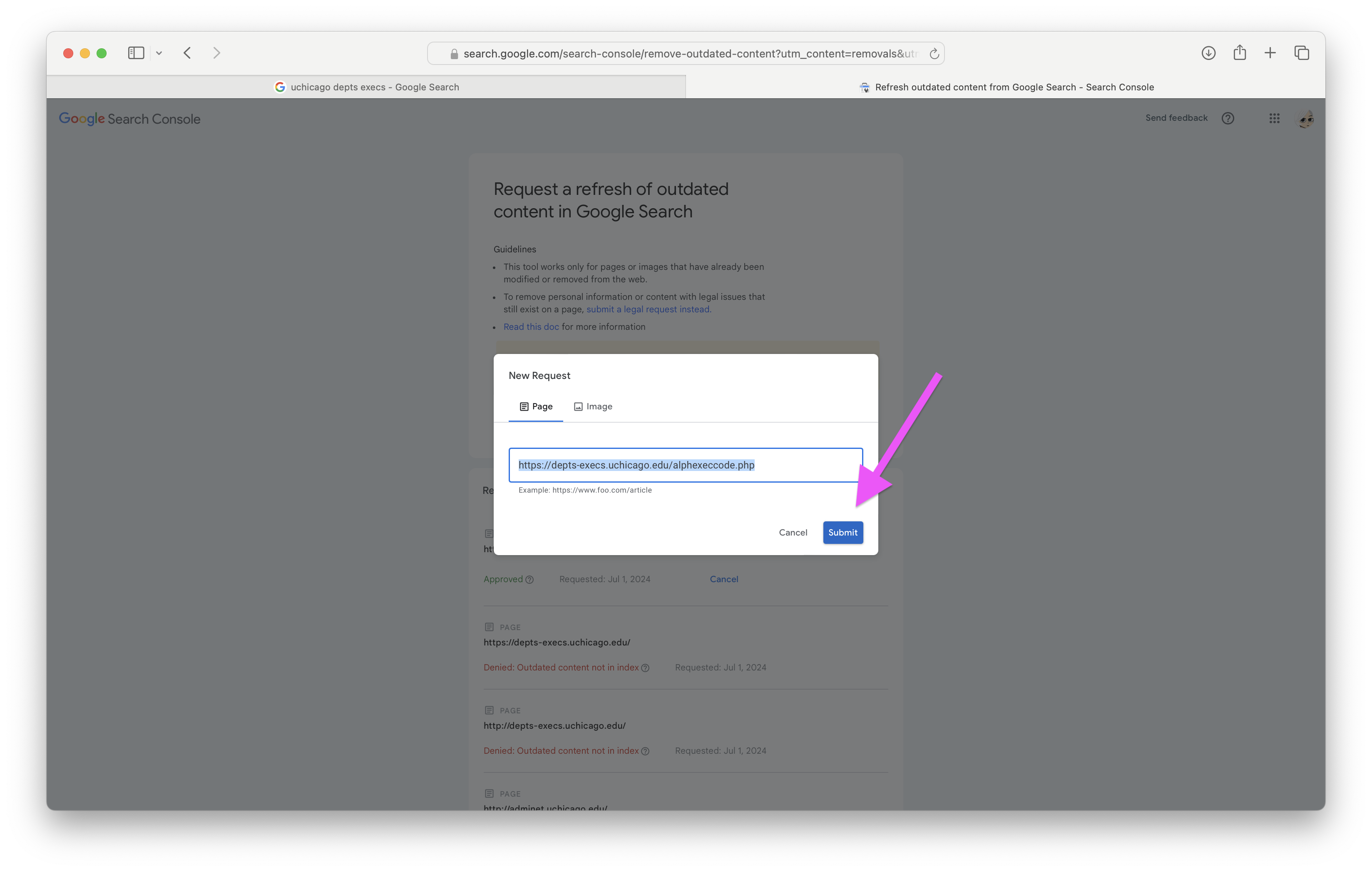 A New Request pop-up appears with the URL of the page you want updated already filled in.