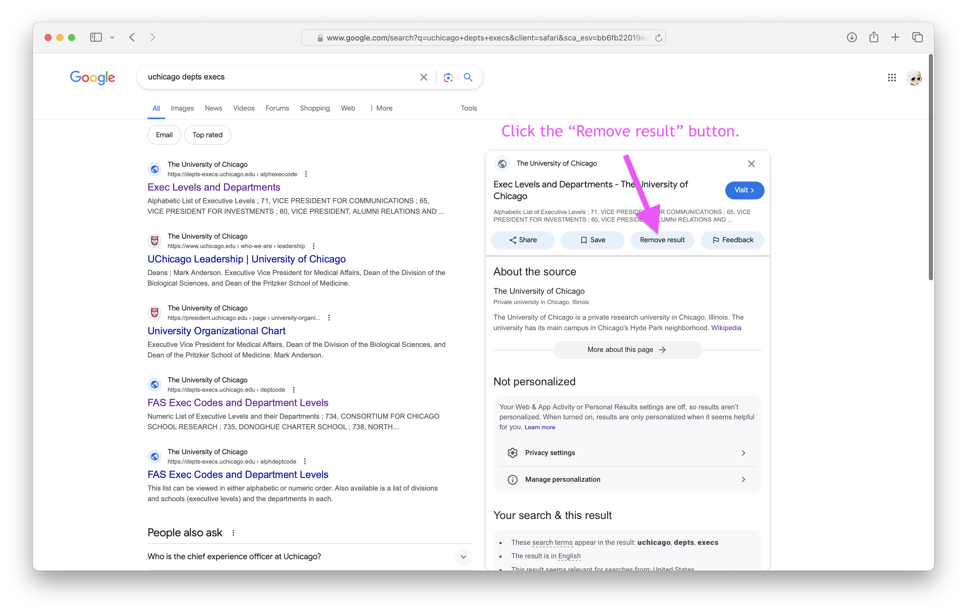 A pop-up appears with option for this result.
