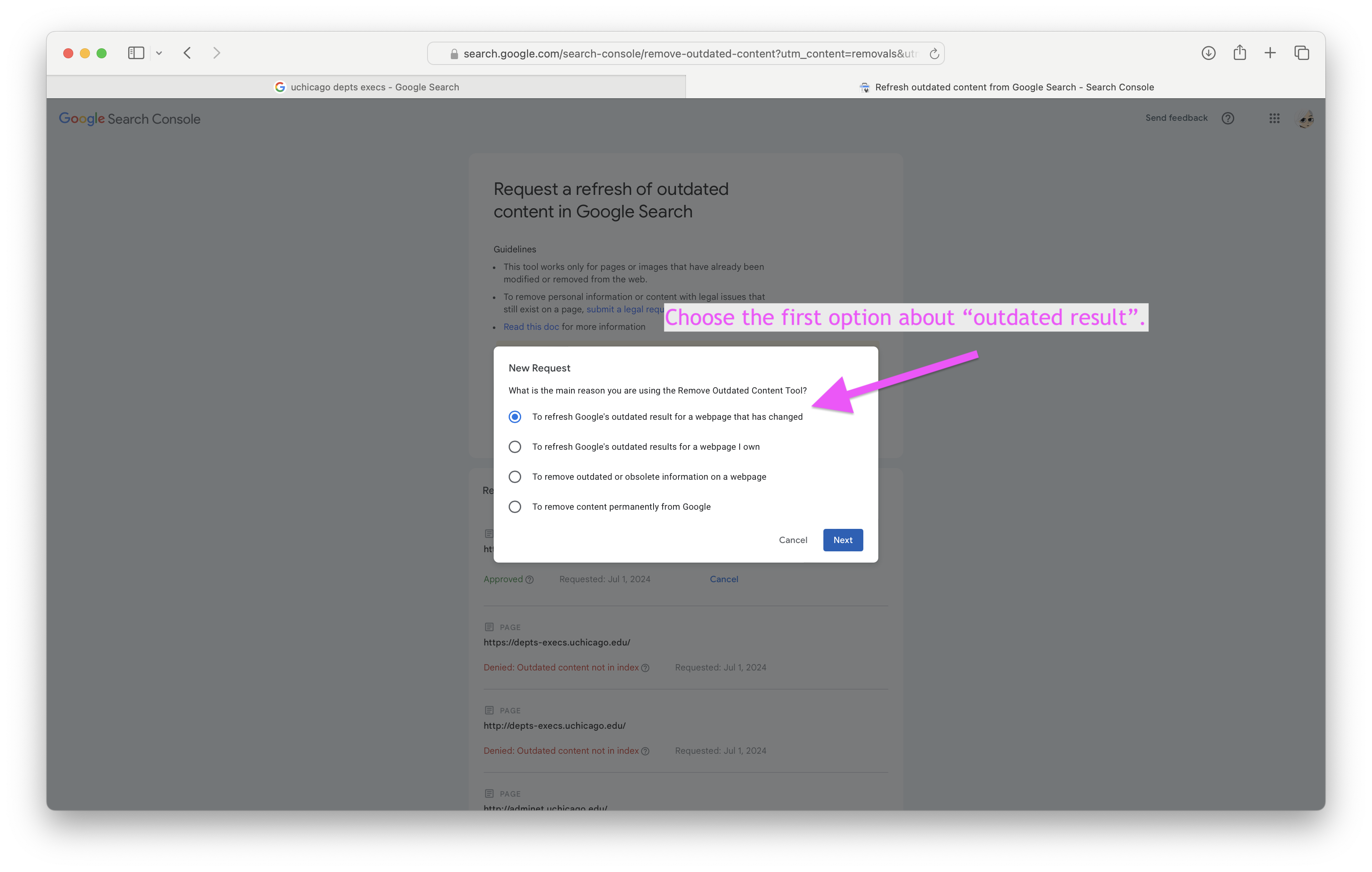 A "New Request" pop-up appears with options for removing outdated content. The first option, about "outdated result" is selected.