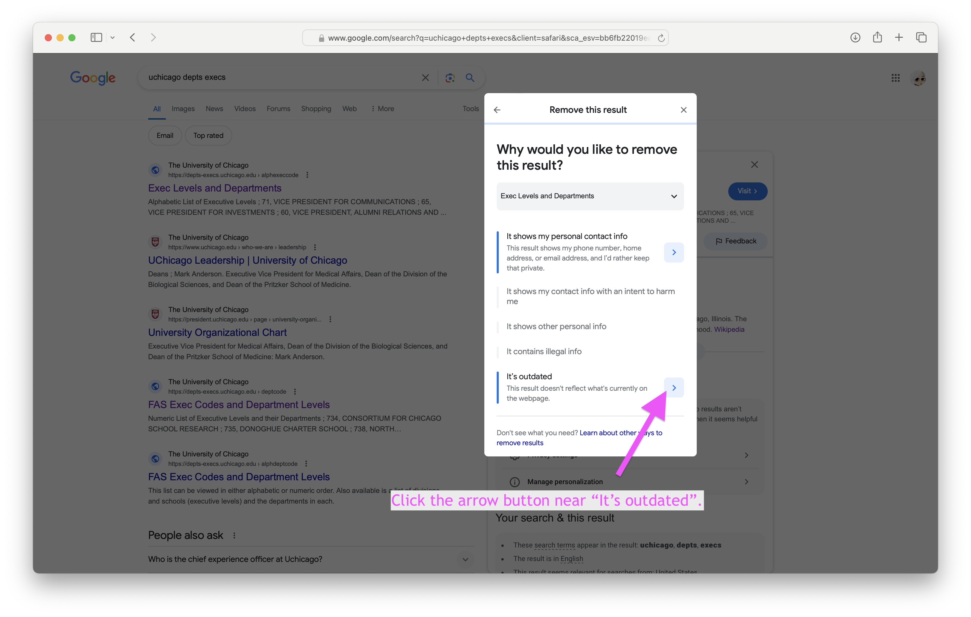 A pop-up appears for options about why to remove this result.